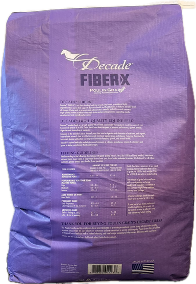 Purple bag of Decade FiberX horse feed.